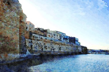 Dijital suluboya stili, İtalya 'nın Puglia kentindeki Salento Körfezi' ne bakan antik duvarları gösteriyor.