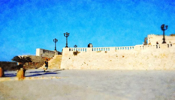イタリア プーリア州のサレントのオトラントの古代都市の壁の前の広場を表すデジタル水彩画 — ストック写真