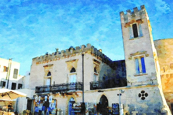 Ψηφιακή Υδατογραφία Που Αναπαριστά Ένα Κτίριο Στην Αρχαία Πόλη Otranto — Φωτογραφία Αρχείου