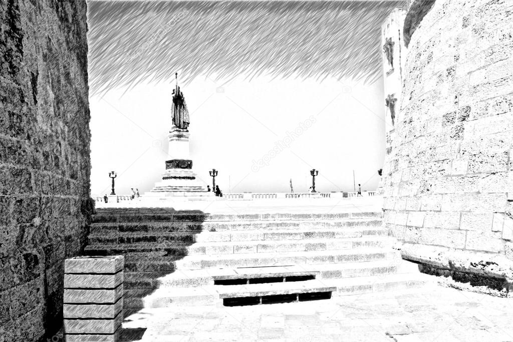 Computerized drawing in black and white in black and white representing a glimpse of the ancient walls that overlook one of the squares of Otranto in Salento in Puglia, Italy