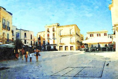 Puglia İtalya 'nın tarihi Bari merkezinin karelerinden birini temsil eden dijital suluboya stili.