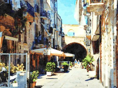 Dijital suluboya stili Puglia İtalya 'da Bari' nin tarihi merkezinde bir ara sokağı temsil ediyor.
