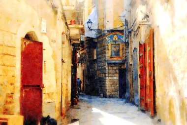 Dijital suluboya stili Puglia İtalya 'da Bari' nin tarihi merkezinde bir ara sokağı temsil ediyor.