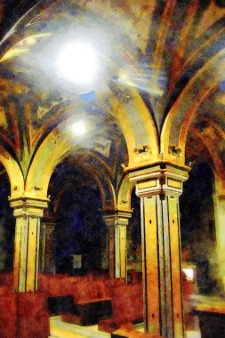 Puglia İtalya 'nın tarihi merkezi Bari' deki kiliselerden birinin kemer ve sütunlarını temsil eden suluboya stili