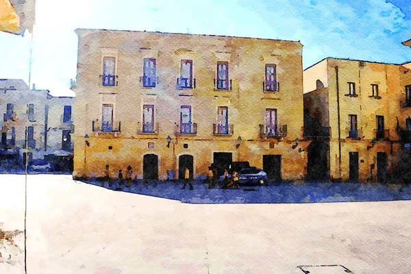 Aquarela Digital Representando Uma Das Praças Centro Histórico Bari Puglia — Fotografia de Stock