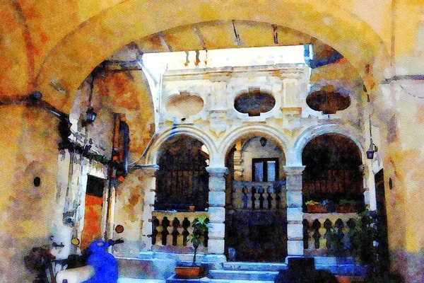 Aquarela Digital Representando Antigo Palácio Beco Centro Histórico Bari Puglia — Fotografia de Stock