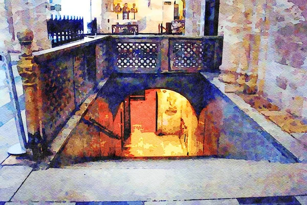 Aquarela representando a entrada para a cripta de uma das igrejas no centro histórico de Bari, na Puglia Itália — Fotografia de Stock