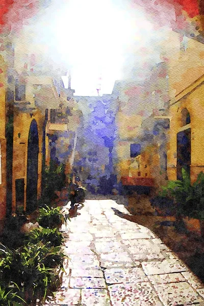 Puglia İtalya 'da Bari' nin tarihi merkezinde bir ara sokağı temsil eden suluboya stili
