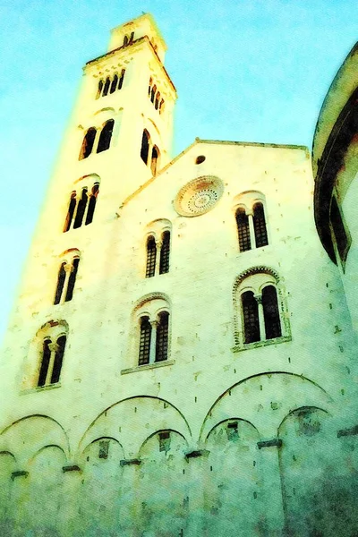 Az egyik templom homlokzatát ábrázoló akvarellstílus Bari történelmi központjában, Puglia Olaszországban — Stock Fotó