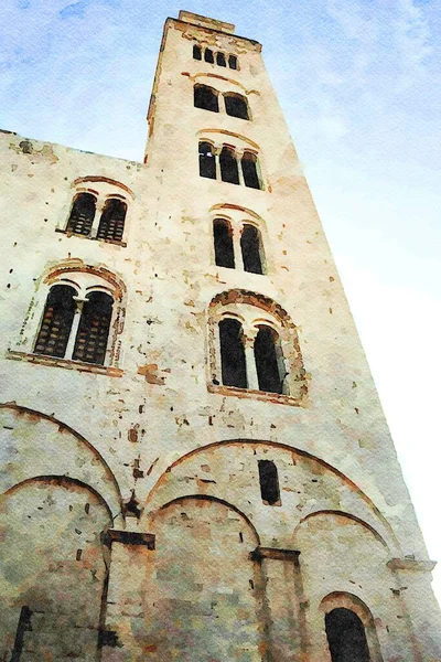 Aquarelstijl vertegenwoordigt de gevel van een van de kerken in het historische centrum van Bari in Puglia Italië — Stockfoto