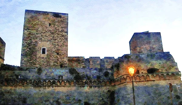 Akvarellstil som representerar en glimt av det antika slottet Bari i Apulien Italien — Stockfoto
