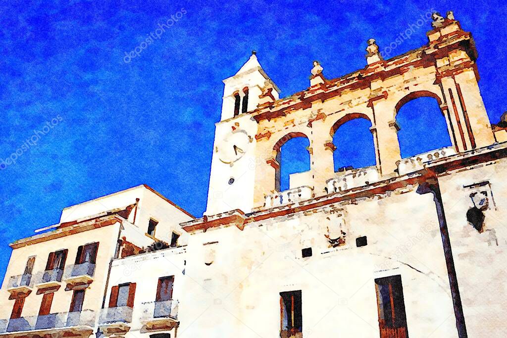 Digital watercolorstyle representing one of the historic buildings with the clock tower in the historic center of Bari in Puglia Italy