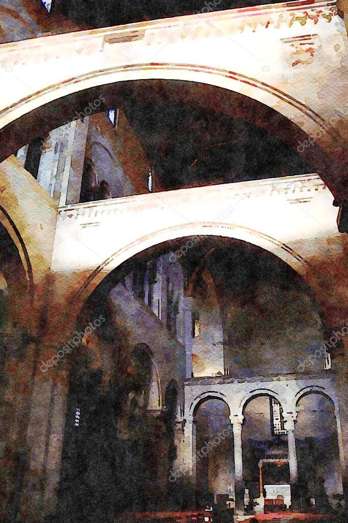 watercolorstyle representing the arches of one of the churches in the historic center of Bari in Puglia Italy