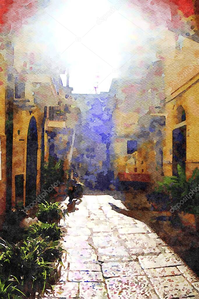 watercolorstyle representing an alley in the historic center of Bari in Puglia Italy