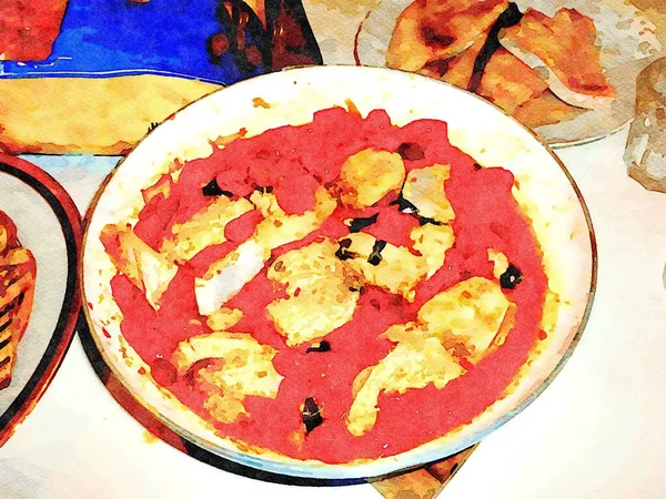 남비에 식탁용 토마토 소스를 국물을 남비를 가리키는 디지털 — 스톡 사진
