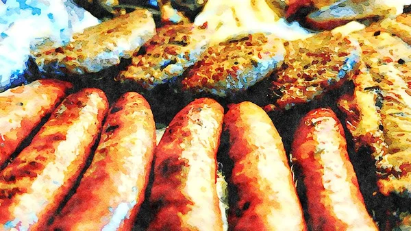 Digitale Aquarelstijl Bestaande Uit Een Gemengde Grillpan Met Worst Hamburger — Stockfoto