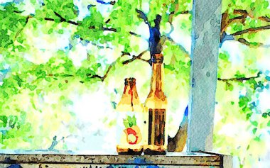 Dijital suluboya stili tahta bir yüzey üzerinde iki boş bira şişesini temsil ediyor.