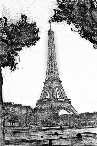 Digital drawing style representing a glimpse of the Eiffel Tower in Paris