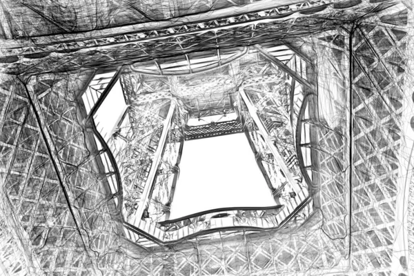 Digital drawing style representing a bottom view of the Eiffel Tower in Paris