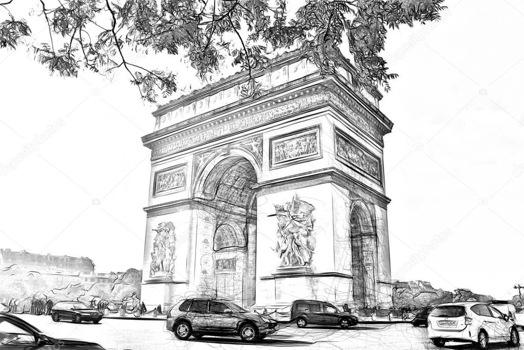 Digital drawing style representing a glimpse of the Arc de Triomphe in Paris