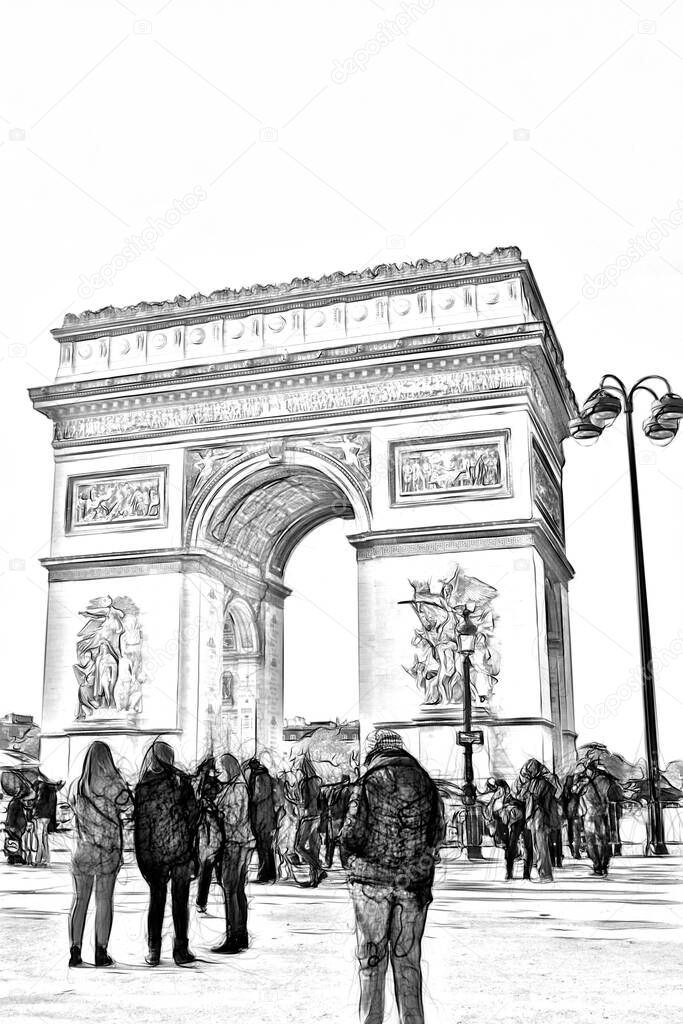 Digital drawing style representing a glimpse of the Arc de Triomphe in Paris