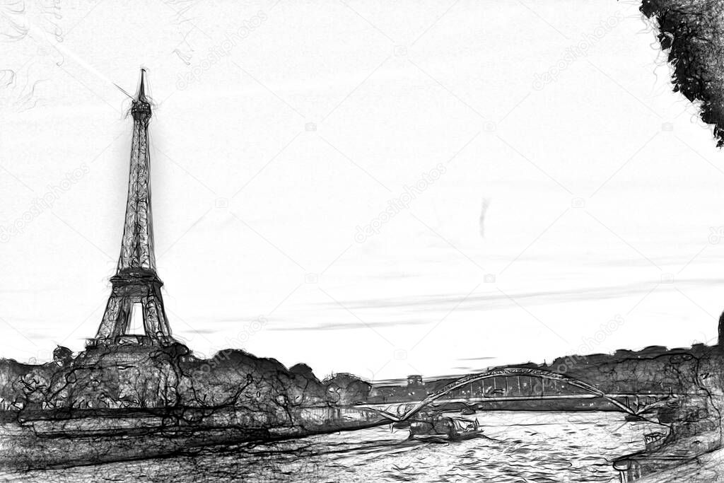Digital drawing style representing a glimpse of the Eiffel Tower in Paris