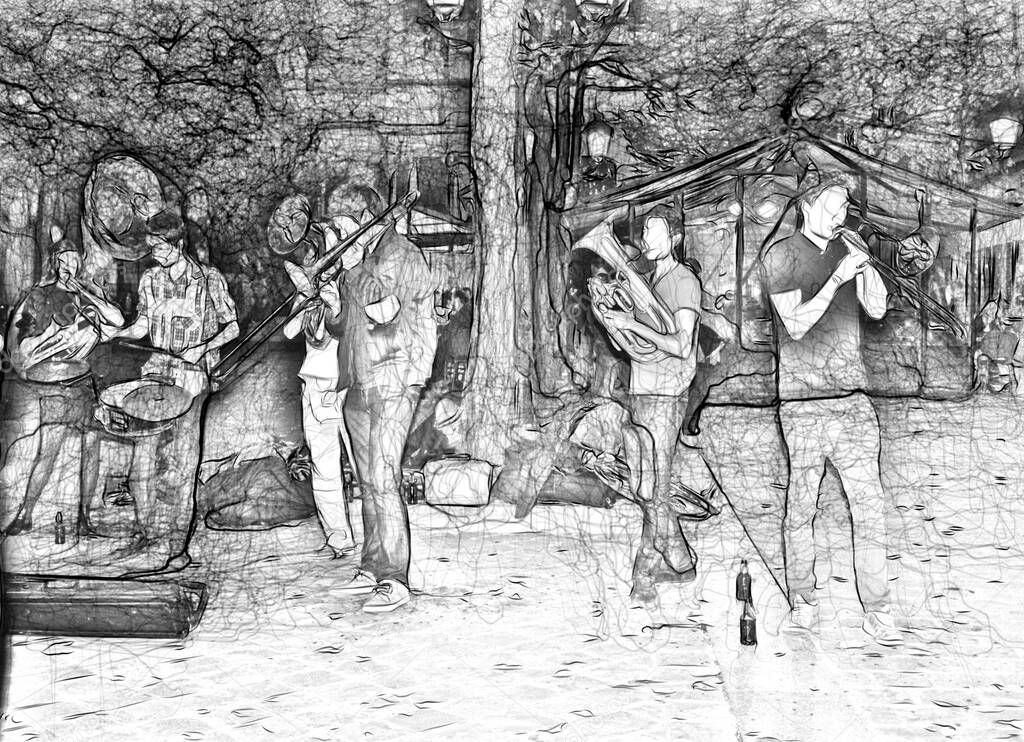 Digital drawing style representing musicians playing on the street
