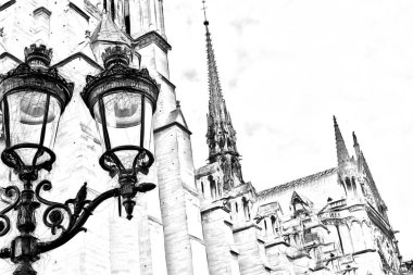 Dijital çizim stili Paris 'teki Notre Dame katedralini gösteriyor.