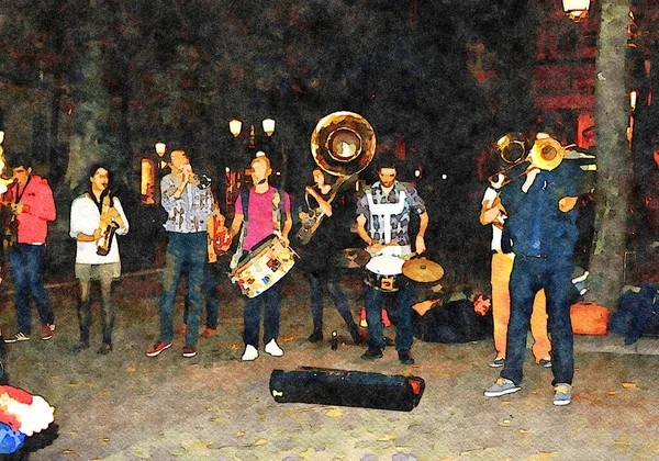 Цифровая Акварельная Живопись Изображающая Музыкантов Играющих Улице Вечером — стоковое фото