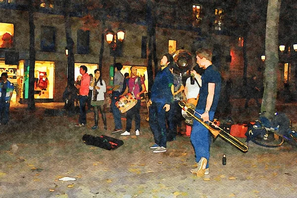 Digital Akvarel Stil Maleri Repræsenterer Musikere Spiller Gaden Aftenen - Stock-foto