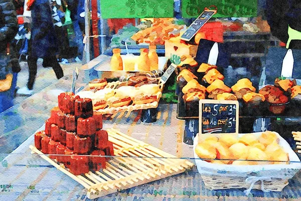 Digitale Aquarellmalerei Die Süßigkeiten Darstellt Die Auf Einem Straßenmarkt Paris — Stockfoto