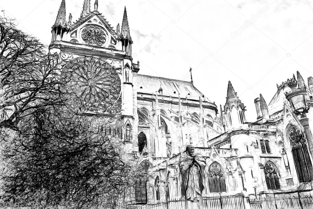 Digital drawing style that represents a glimpse of the Notre Dame cathedral in Paris
