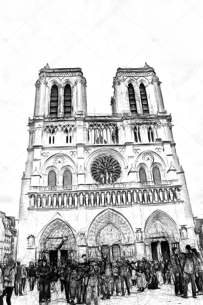 Digital drawing style representing the main facade of the Notre Dame cathedral in Paris