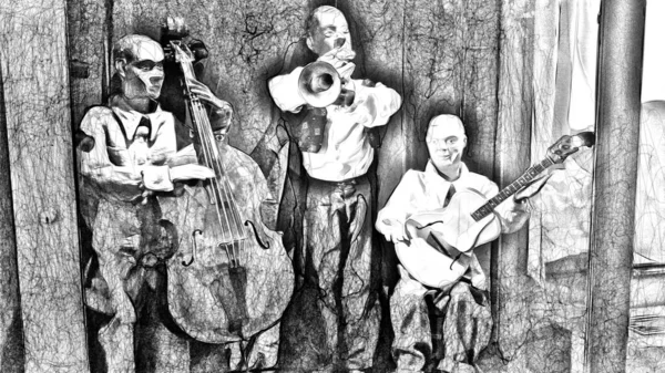 Style Dessin Numérique Représentant Trois Musiciens Jazz Avec Trompette Basse — Photo