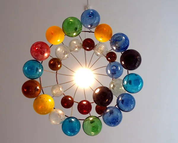 Electric Chandelier Made Many Colored Balls Light Bulb Center — Stock Photo, Image