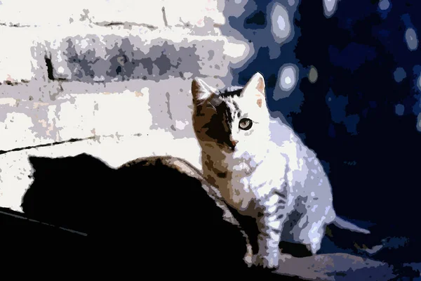 Digitaler Farbmalstil Der Eine Junge Grau Gestreifte Katze Auf Einer — Stockfoto