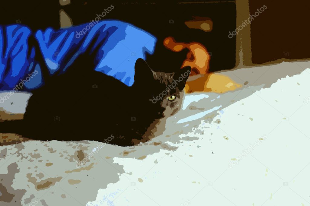 Digital color painting style representing a young gray cat and a person resting on the bed