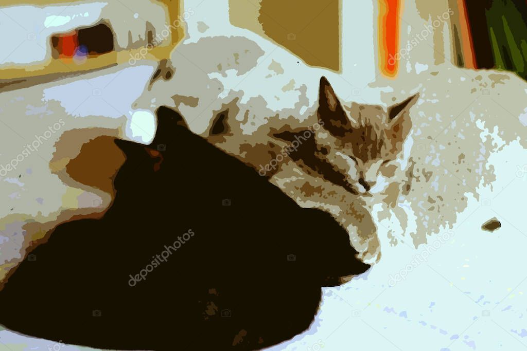 Digital color painting style representing a gray cat and a black cat resting on the bed