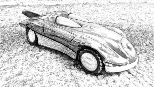 Digital black and white drawing style representing a racing car