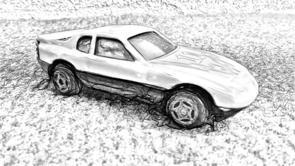 Digital black and white drawing style representing a racing car