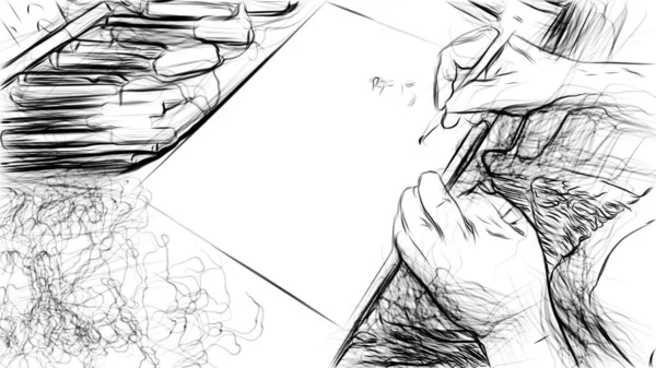 Black and white drawing style representing the hands of a draftsman who draws — Stock Photo, Image