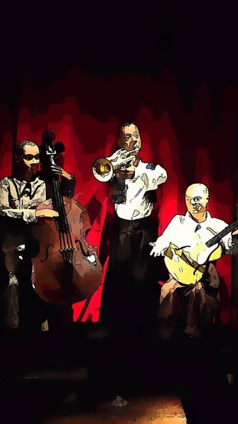Digital drawing style representing a trio of jazz musicians