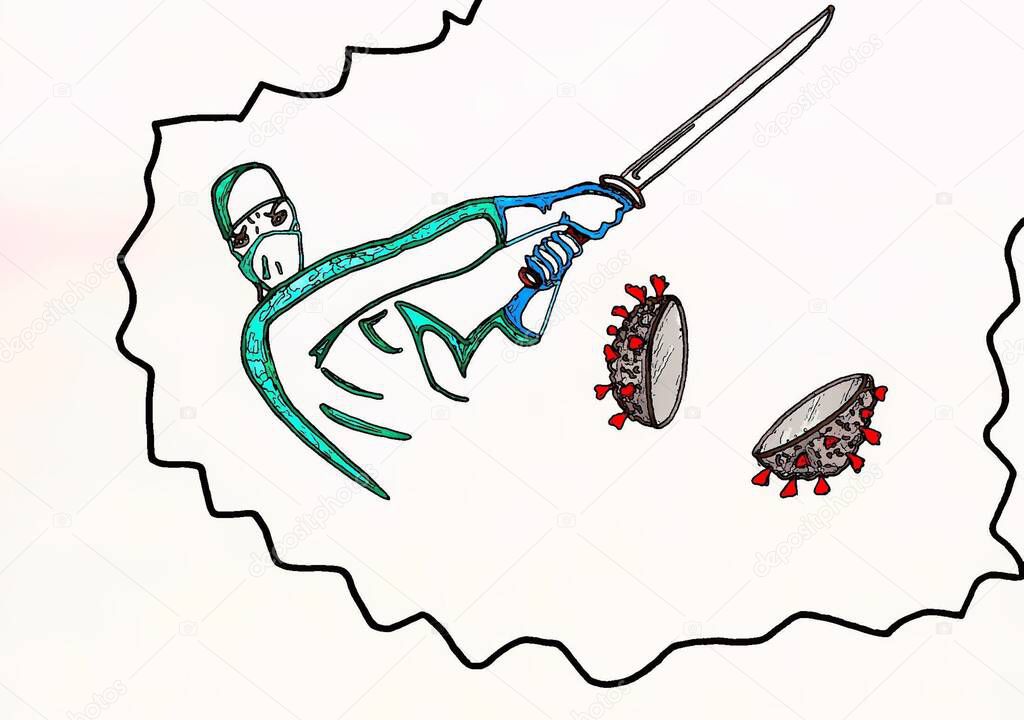 Digital drawing style representing a surgeon cutting the corona virus with a katana