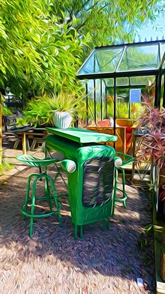 数码彩绘风格代表一个绿色小桌子和一个小温室 — 图库照片
