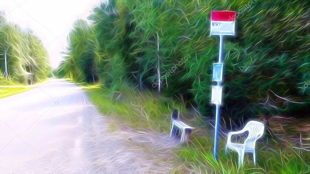 Digital color painting style representing a bus stop in the countryside in Scandinavia