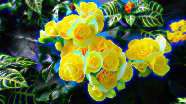 数码彩绘风格 代表黄色花朵和绿色大叶 — 图库照片