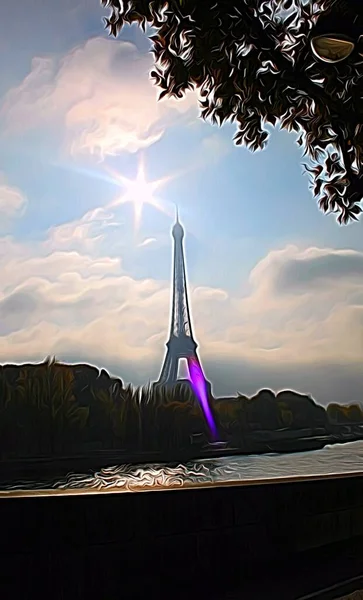 Digitale Farbmalerei Die Den Eiffelturm Von Der Anderen Seite Der — Stockfoto