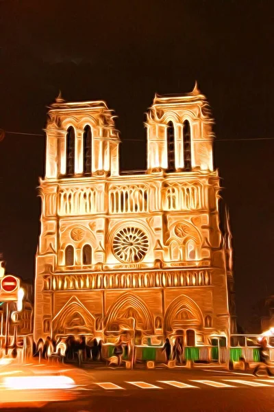 秋の夜にパリのノートルダム大聖堂を表すデジタルカラー絵画スタイル — ストック写真