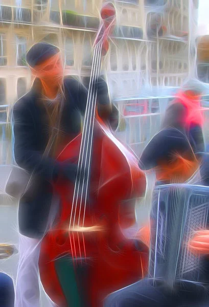 연주자가 베이스로 하나는 거리에서 연주하고 하나는 아코디언으로 연주하는 디지털 페인팅 — 스톡 사진