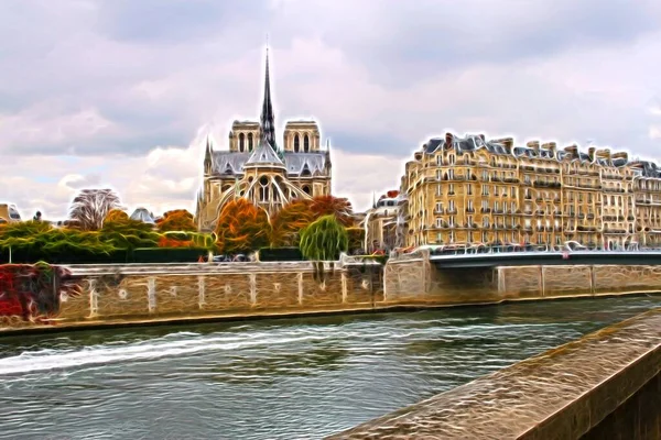 Digital Color Painting Style Representing Glimpse Seine Notre Dame Cathedral — Stock Photo, Image